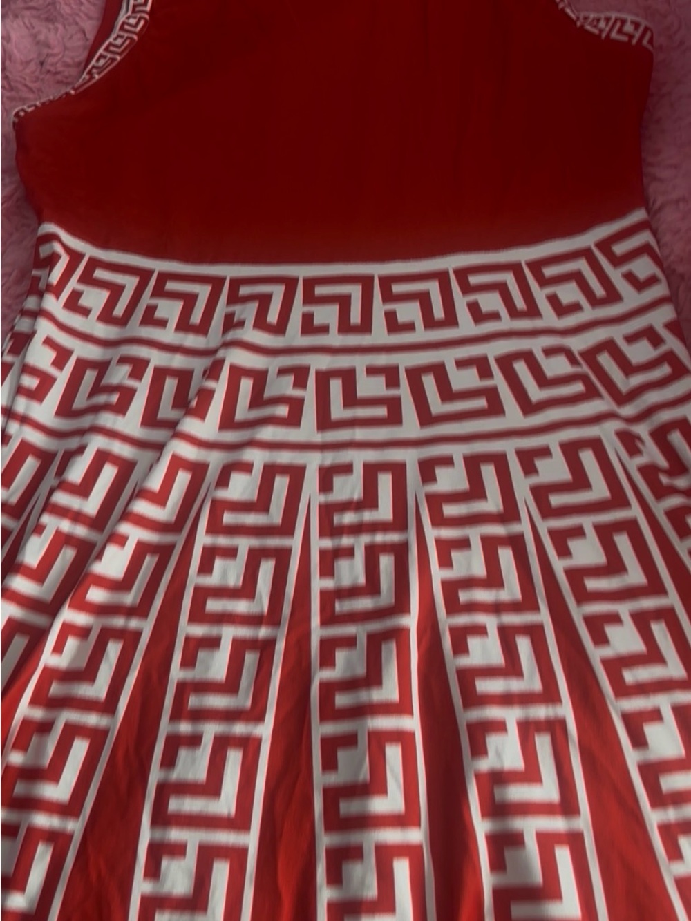 Red and White Geometric Print Pleated Dress